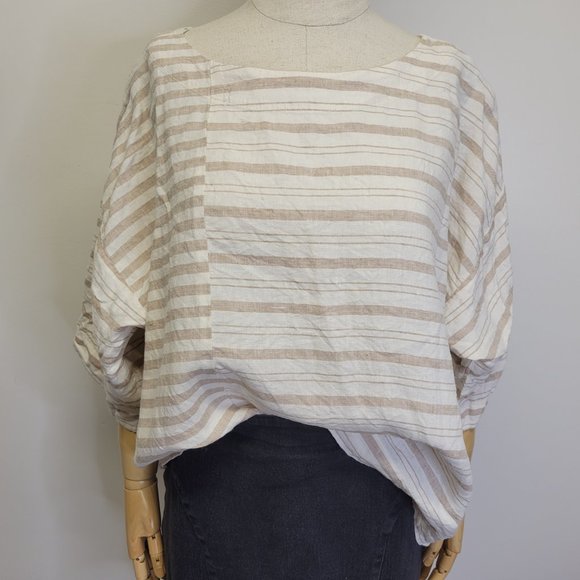 Pure J. Jill 100% Linen Boxy Oversized Lagenlook Ivory Beige Stripe Top Petite M - Picture 2 of 8